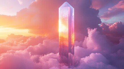 Pink Crystal Tower Above Clouds at Sunset