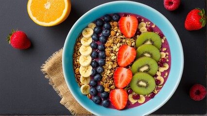 Vibrant and Delightful: An Exquisite Smoothie Bowl Bursting with Fresh Fruits, Crunchy Granola, and a Purple Base for a Healthy Treat.