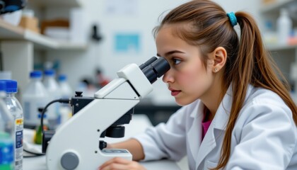 Research activity young scientist using microscope in laboratory environment for scientific discovery