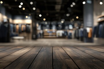Wooden table top in a clothing store