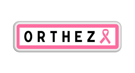 Panneau de sortie d'Orthez, Pyrénées-Atlantiques, Nouvelle-Aquitaine avec Ruban Octobre Rose