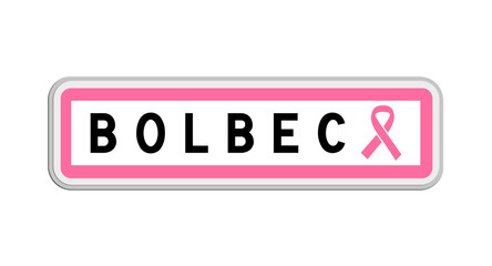 Panneau de sortie de Bolbec, Seine-Maritime, Normandie avec Ruban Octobre Rose