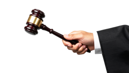 Judge's hand holding a gavel, isolated transparent background.