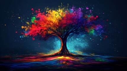 Vibrant Rainbow Tree Digital Painting