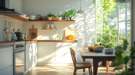 Bright Modern Kitchen with Sunlight Streaming Through Window