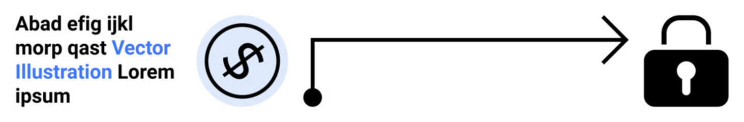 Dollar sign circle connected to locked padlock via arrow path represents encryption, financial security, money transfer, cybersecurity, and online safety. Ideal for fintech, digital banking, simple