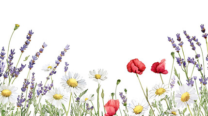 A field of flowers with a red poppy in the middle