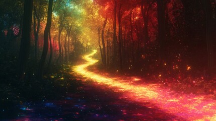 Fototapeta premium Magical Rainbow Forest Path at Night