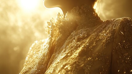 Close-up of a woman's ornate, gold, lace jacket in warm sunlight.