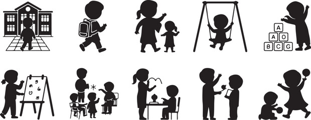 Black Silhouettes of Children Engaging in Various Activities