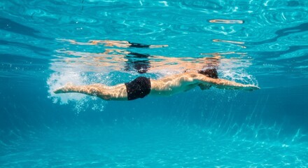 A person swimming underwater in a pool with sunlight shining through the water, creating a beautiful and serene scene of aquatic activity.