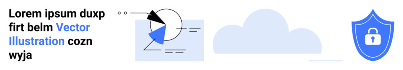 Chart with segmented data, cloud graphic, and blue shield with lock emphasizing cybersecurity. Ideal for technology, data security, cloud services, analytics, privacy, protection simple landing page
