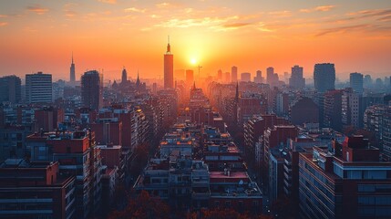 Obraz premium Cityscape Dawn: Striking Silhouette of Urban Buildings against Vibrant Sunrise Sky