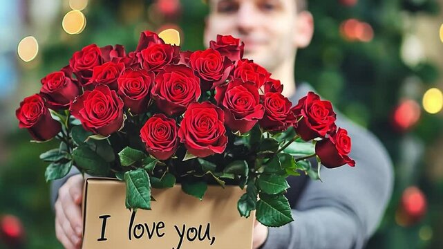 Expressing Love: A tender gesture of affection, with a man presenting a bouquet of vibrant red roses, conveying sentiments of love. 