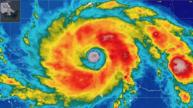 Aerial hurricane view with thermal overlay, red-hot eyewall, blue outer bands, pulsating animation synced to rotation, smooth zoom-in into eye, high contrast, 4k HD