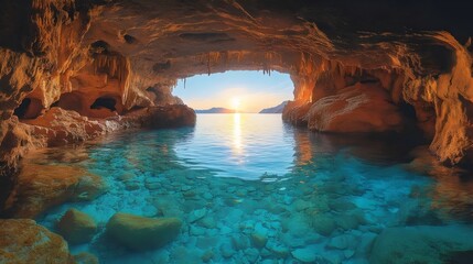 A sea cave opens to reveal a beautiful sunset over the ocean with clear turquoise water.