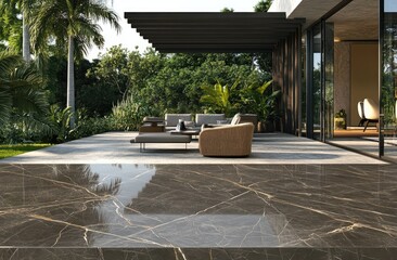 Modern outdoor patio with luxurious furnishings and marble flooring