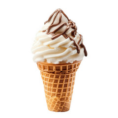 delicious soft-serve ice cream cone topped with a rich chocolate drizzle. set against a clean white background this treat is perfect for hot days and serves as a delightful dessert option. appealing t