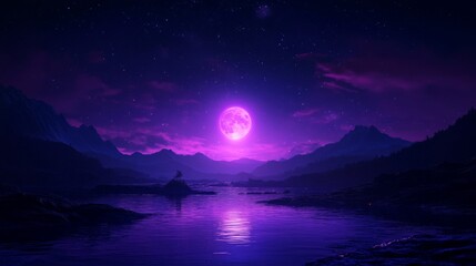 Purple Night Landscape with Full Moon and Starry Sky