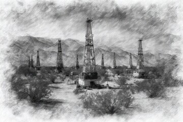 Obraz premium Vintage Black and White Oil Rig Landscape with Mountain Backdrop
