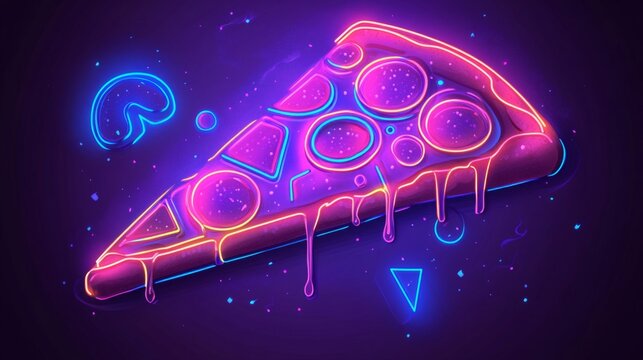 Neon Pizza Slice Glowing in Dark Background