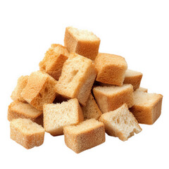 pile of small. cubed pieces of bread. commonly known as croutons they are light golden in color and vary in texture. with some pieces appearing denser than others this visual suggests their use in cul