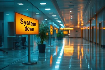Graphic advertising layout highlighting system downtime in a modern office corridor