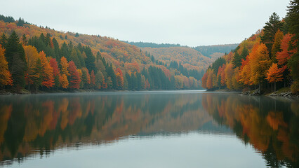 Naklejka premium Lake Reflecting Autumn Forest Hills Under Overcast Sky