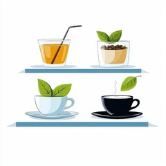 Weight Loss Intermittent Fasting Concept, Fastingfriendly drinks, herbal teas and black coffee, flat design illustration