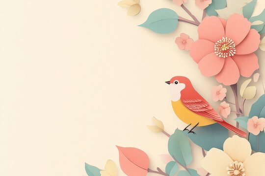 Delicate paper flowers and a small bird border a soft cream backdrop.