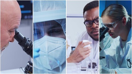 Technology and medical concept. Scientists, lab equipment and microscopes in biomedical innovations and clinical studies. Ideal for educational content. Vertical videos.