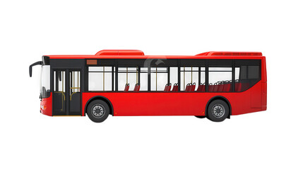 a red city bus viewed from the side. showcasing its sleek design with large windows and a spacious interior this vehicle is commonly used for public transportation. designed to accommodate multiple pa