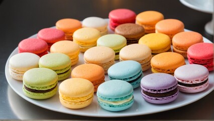 Obraz premium Delightful display of colorful macarons arranged neatly on a white plate, tempting with an array of sweet pastel flavors.
