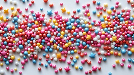 Colorful spherical and star-shaped sprinkles scattered across a white surface.