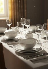 Fototapeta premium Elegant Table Setting with White Dishes and Wine Glasses for Dinner