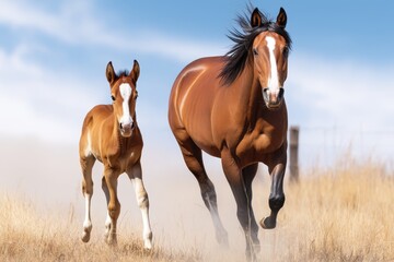 Obraz premium A chestnut mare and foal gallop through a golden field, capturing a beautiful moment of wild freedom and connection