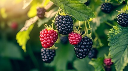 Close-up view of ripe blackberries and raspberries on vines.