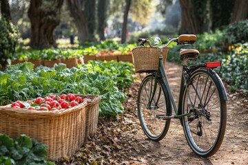 Fototapeta premium Bicycle rests beside baskets of fresh tomatoes in a lush garden pathway during a sunny day
