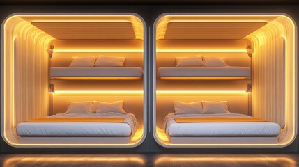 Obraz premium Modern minimalist sleeping pods with soft ambient lighting designed for compact living spaces