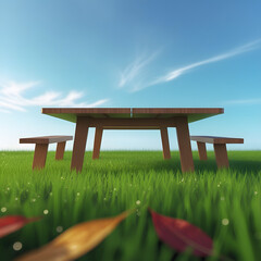 Picnic Table in Sunny Meadow: A inviting picnic table rests on a lush, green lawn under a clear blue sky, creating an ideal setting for leisure. 