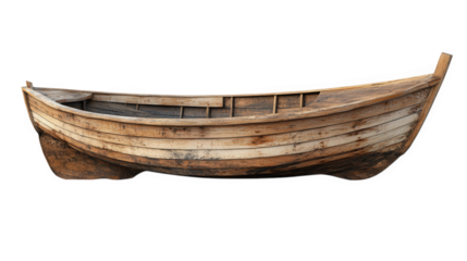 n old. weathered wooden boat. showcasing its rustic design and natural aging the boat is empty. highlighting its structure and craftsmanship. and is set against a plain background. emphasizing its for