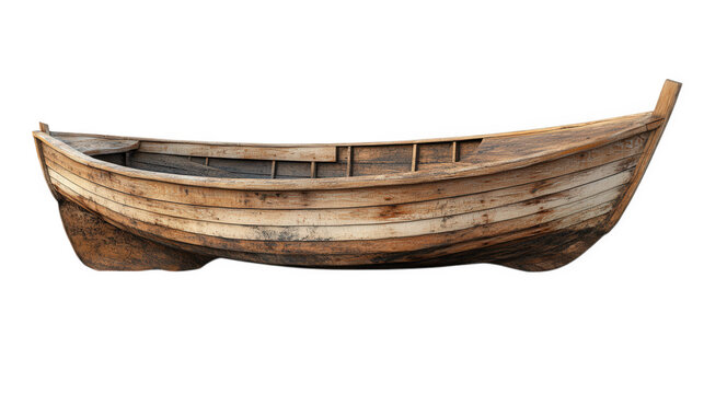 n old. weathered wooden boat. showcasing its rustic design and natural aging the boat is empty. highlighting its structure and craftsmanship. and is set against a plain background. emphasizing its for