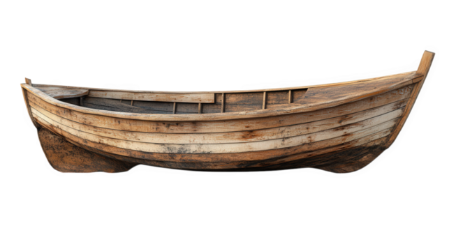 n old. weathered wooden boat. showcasing its rustic design and natural aging the boat is empty. highlighting its structure and craftsmanship. and is set against a plain background. emphasizing its for