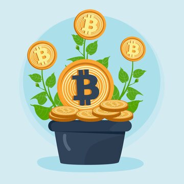 The concept of investing in digital currency founds of ETFs, Cartoon image of a BCT coin on a tree.