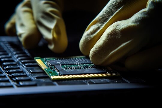 Gloved hands carefully installing a RAM module into a laptop computer.