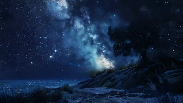 Starfall in sky, bright meteorites glow in atmosphere