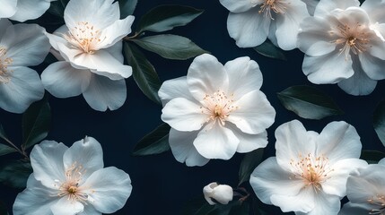 White flowers with dark green leaves create soft, elegant background. Use for invitations, branding, or adding a natural touch to designs.