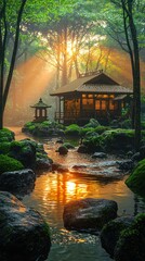 Obraz premium Tranquil Japanese Garden with Tea House and Golden Light Streaming Through