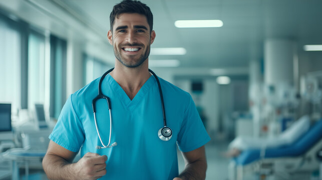 In a hospital setting, a doctor in a blue uniform holds a stethoscope in one hand and smiles warmly. Ready to help with health check-ups and provide treatment, the healthcare profe - Powered by Adobe