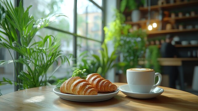 Breakfast at a cafe with croissants and latte